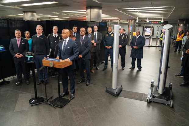 Mayor Eric Adams speaks during a press conference announcing using weapons detectors for the NYC subway system in the Fulton Transit Center Thursday, March 28, 2024 in Manhattan, New York. (Barry Williams for New York Daily News)