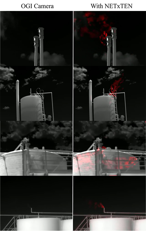 A side-by-side photo of an oil installation where the left is from an existing camera and the right is with Netxten, with the right side showing methane leakages in red.