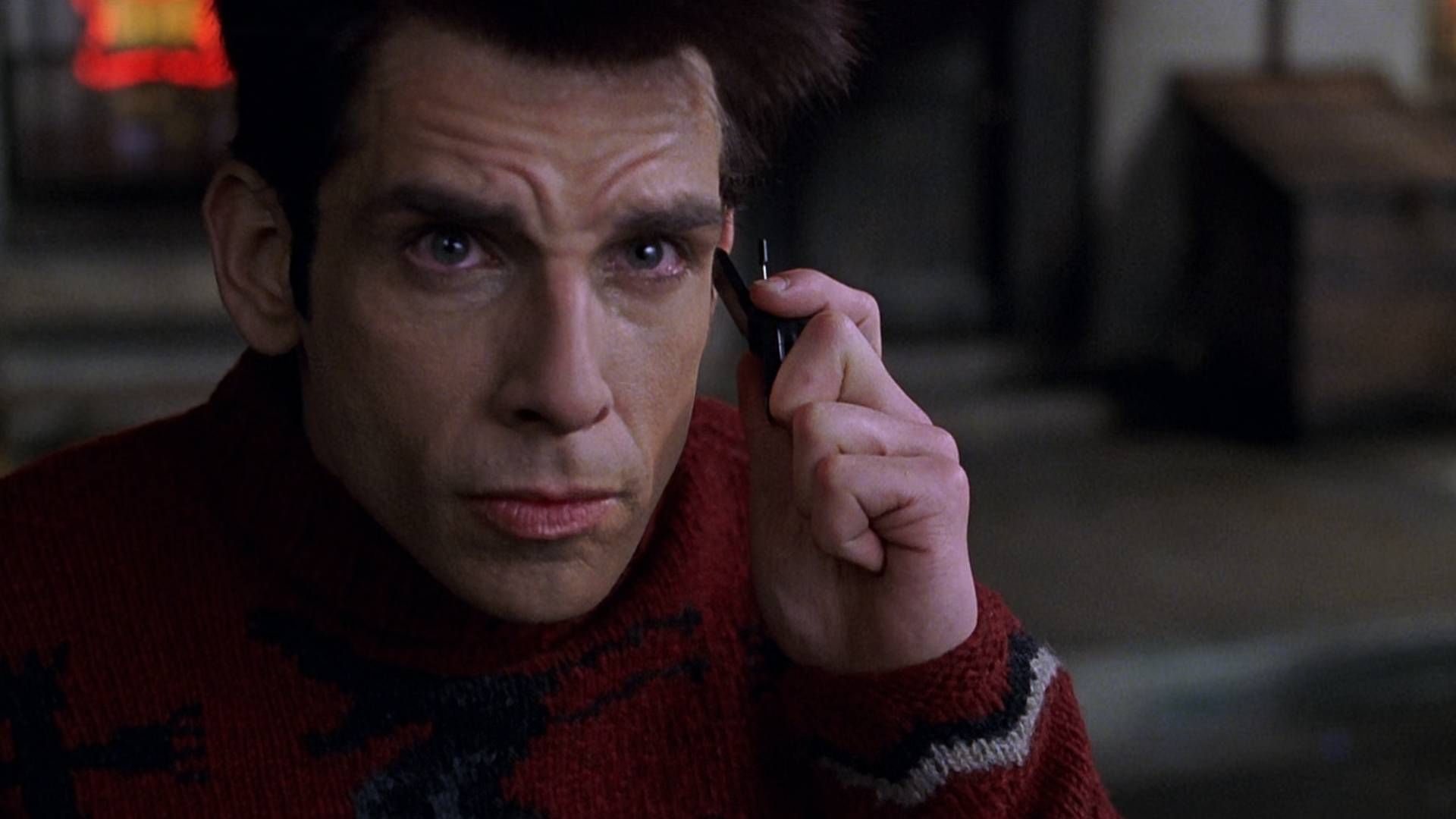 A frame from the movie Zoolander showing Derek Zoolander holding a 2-inch flip phone to his ear