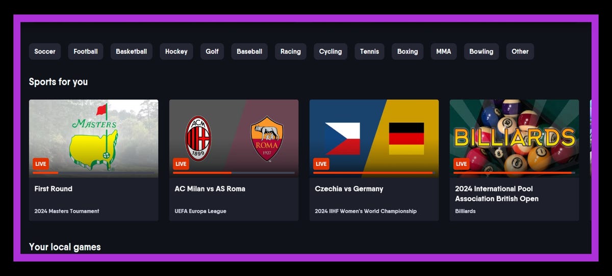 Fubo live sports home screen on streaming app