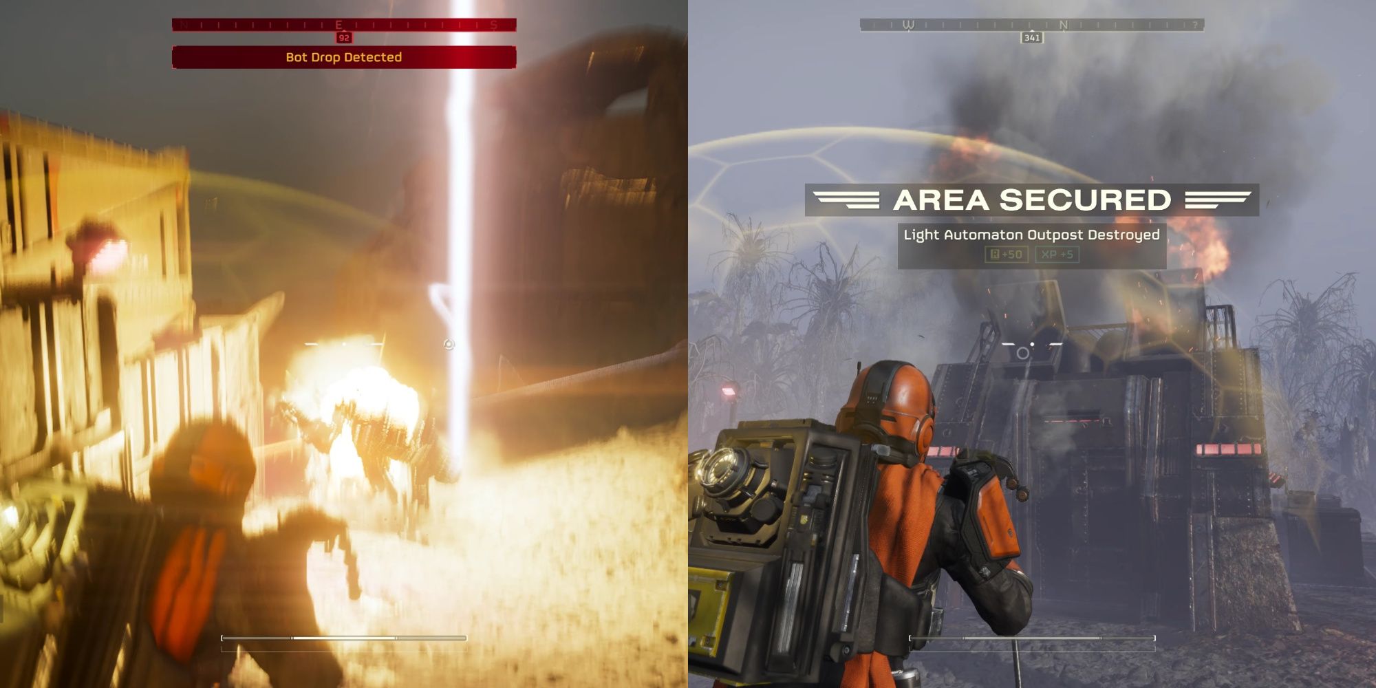 The Grenade Launcher blows up advancing bots (left), blows up a Bot Fabricator (right)