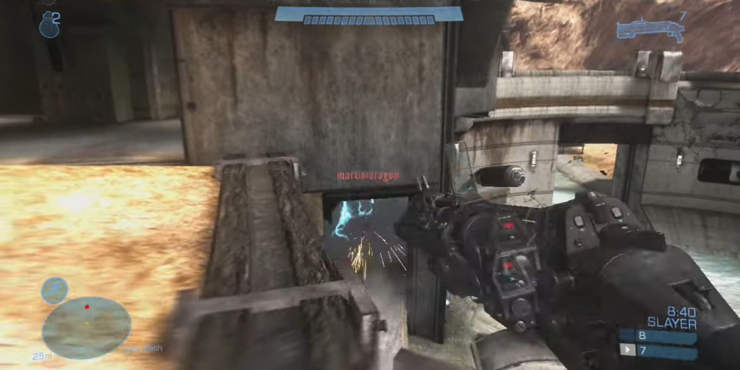 The Grenade Launcher launches a grenade into a hallway, killing an enemy
