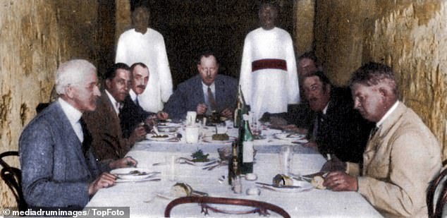 Pictured is a luncheon in a tomb, present are J H Breasted (died from X-ray exposure, Harry Burton (died from diabetes), A Lucas, A R Callender (died from ill health), Arthur Mace (died from poison) - all no older than their 50s