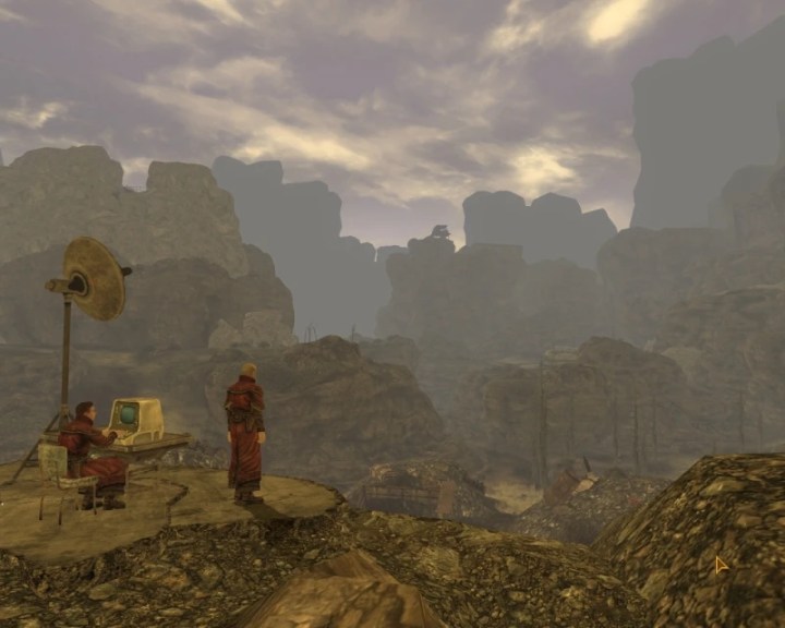 Scientists looking at a canyon in New Vegas.