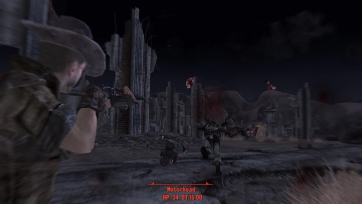 A cowboy blasting the head off a soldier in new vegas,