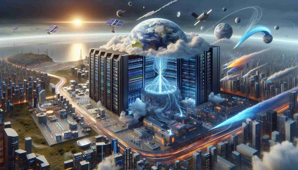 A hyper-realistic, high-definition photograph depiction of a piece of imagery visualizing the future of meteorology. Imagine the third installment of a legacy series named 'Legacy of Nimbus'. This scene represents the advancement in meteorological science. Visualize powerful supercomputers computing complex climate models with streams of data pouring in, weather radars and satellites capturing sophisticated data, indicating a promising future for predicting weather patterns and climate change.