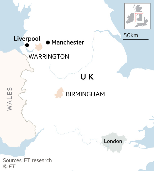 Warrington and Birmingham locator map