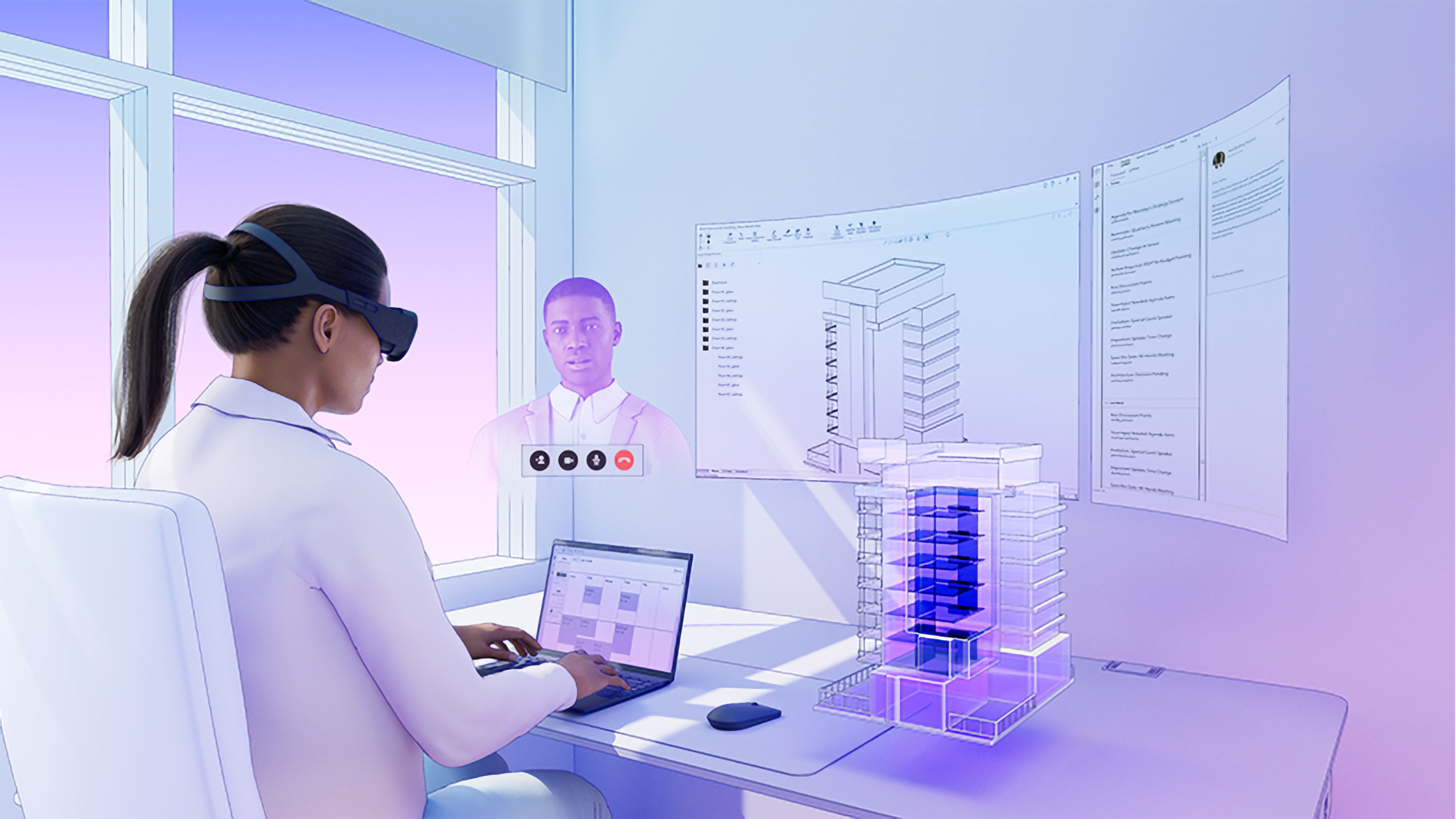 Meta's visualization of a mixed reality headset being used in an office.
