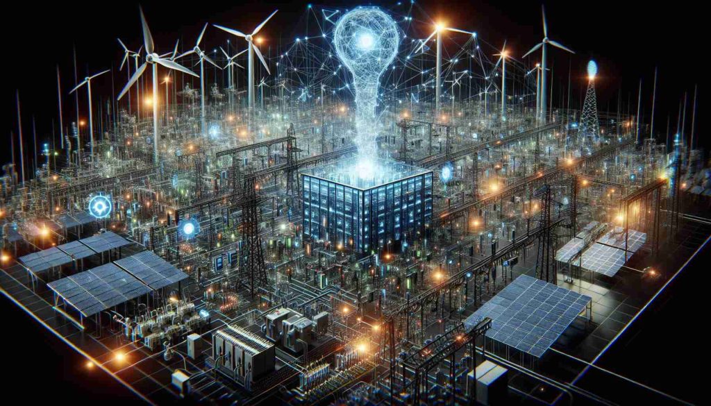 Create a realistic, high-definition image displaying a scene that portrays the concept of 'The Energy Imperative: Power Supply's Role in Advancing Artificial Intelligence'. Imagine a huge power grid with a plethora of wires and circuits, connected to a super advanced AI system. An array of energy sources like solar panels, wind turbines, and hydroelectric stations are fueling the power grid. The AI system represents a futuristic and complex design, full of lights and intricate details.