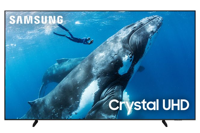 A whale and scuba diver shown on a Samsung 98-inch Crystal UHD TV