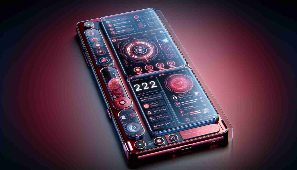 A high-definition, photorealistic image of a 2022 concept smartphone exhibiting innovative design and features that break the traditional mold. The device has a sleek, modernistic style, integrated with groundbreaking technology which redefines expectations. Include an interface showing futuristic apps, a borderless screen, and unique functions not generally found on contemporary phones. The phone's color is a vibrant shade of red.