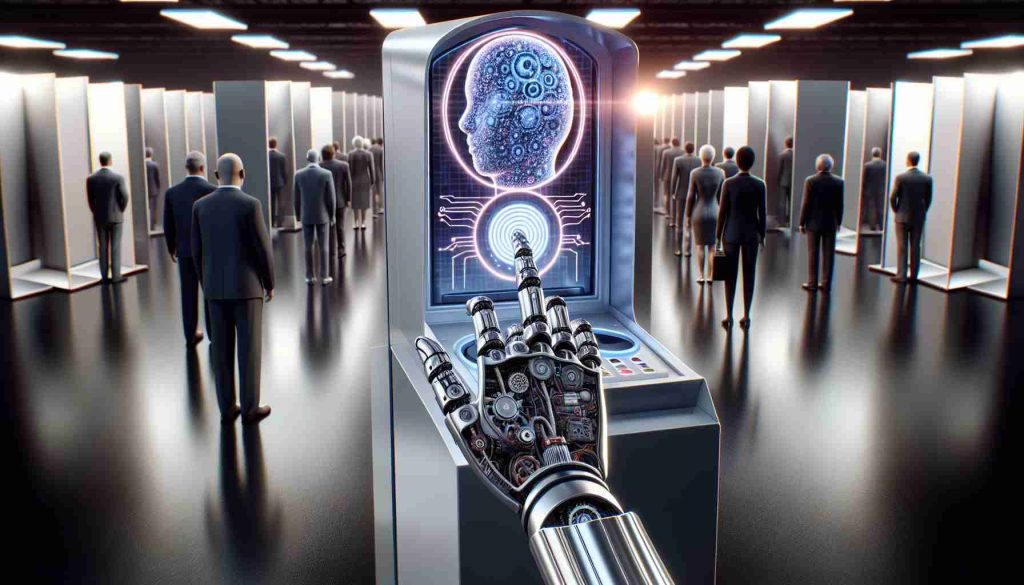 An high definition, realistic image representing the concept of artificial intelligence influencing voting decisions: Illustrate a futuristic metallic voting booth, with a large screen displaying interactive conversational AI software, symbolized by a round emblem or avatar with neural network-like patterns. In the foreground, a humanised robotic hand filled with complex gears and wires is about to touch the screen, casting a long uncanny shadow on the floor. Distant voters, of various unseen descents and genders, are seen on the background, waiting patiently in line, their faces conveyed with mixed emotions of bewilderment, awe, and skepticism.