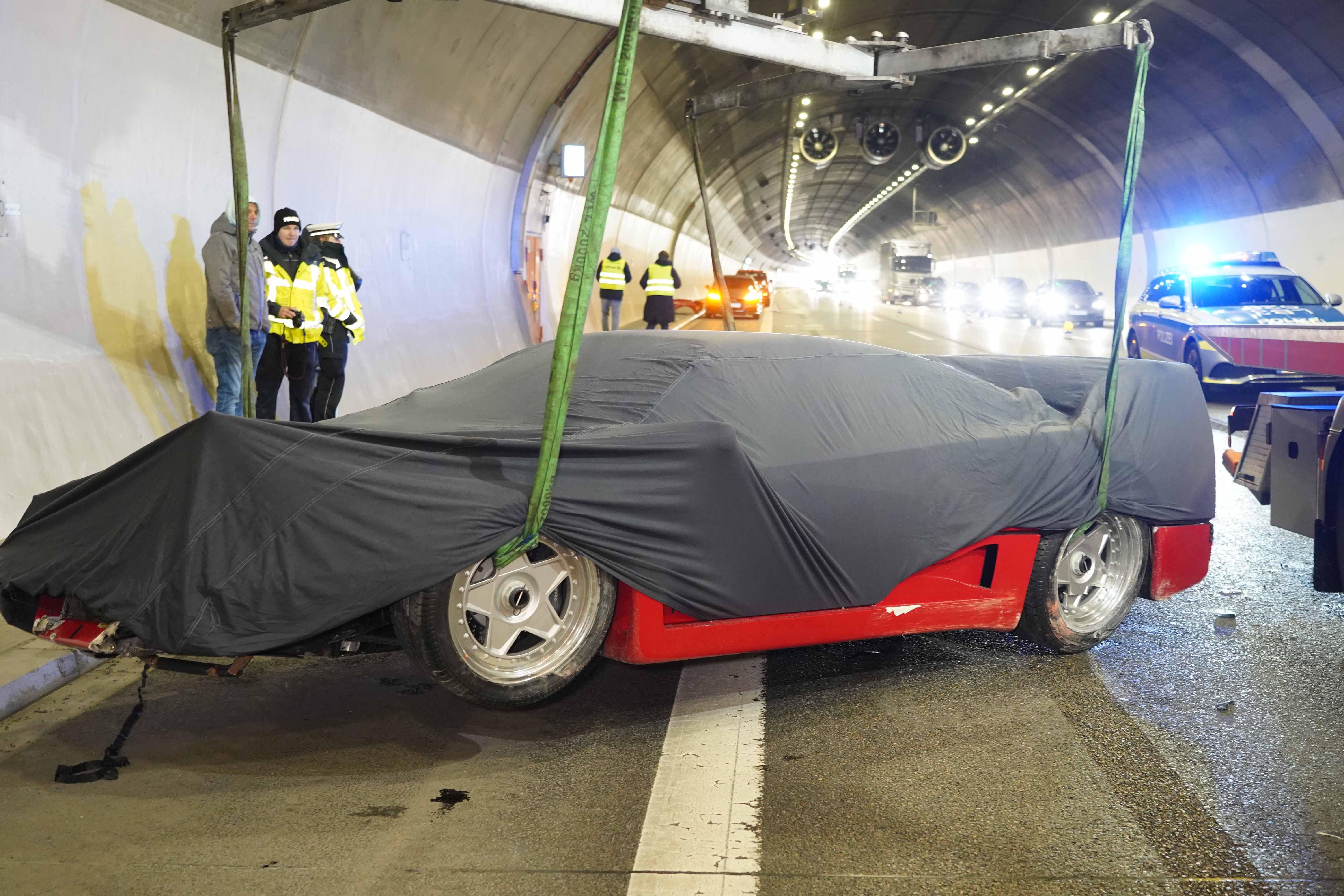 A £2.6 million Ferrari F40 was crashed into a tunnel in Stuttgart, Germany