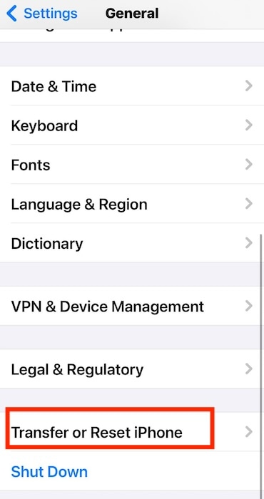 Selecting Transfer or Reset iPhone on Settings