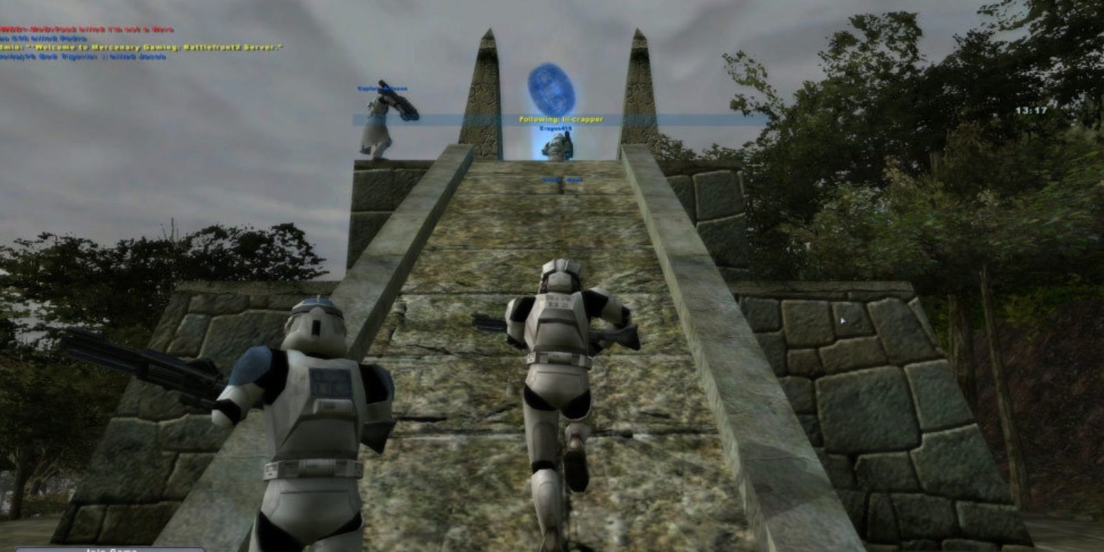a squad of stormtroopers rushing up temple steps