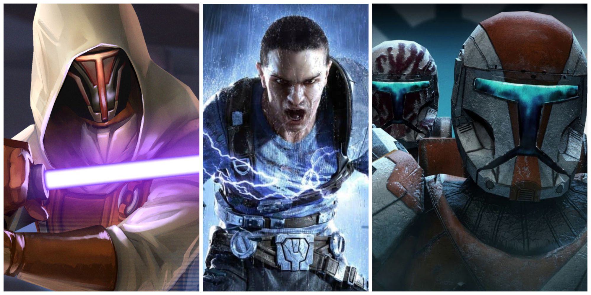 Star Wars characters Revan, Starkiller, and Boss