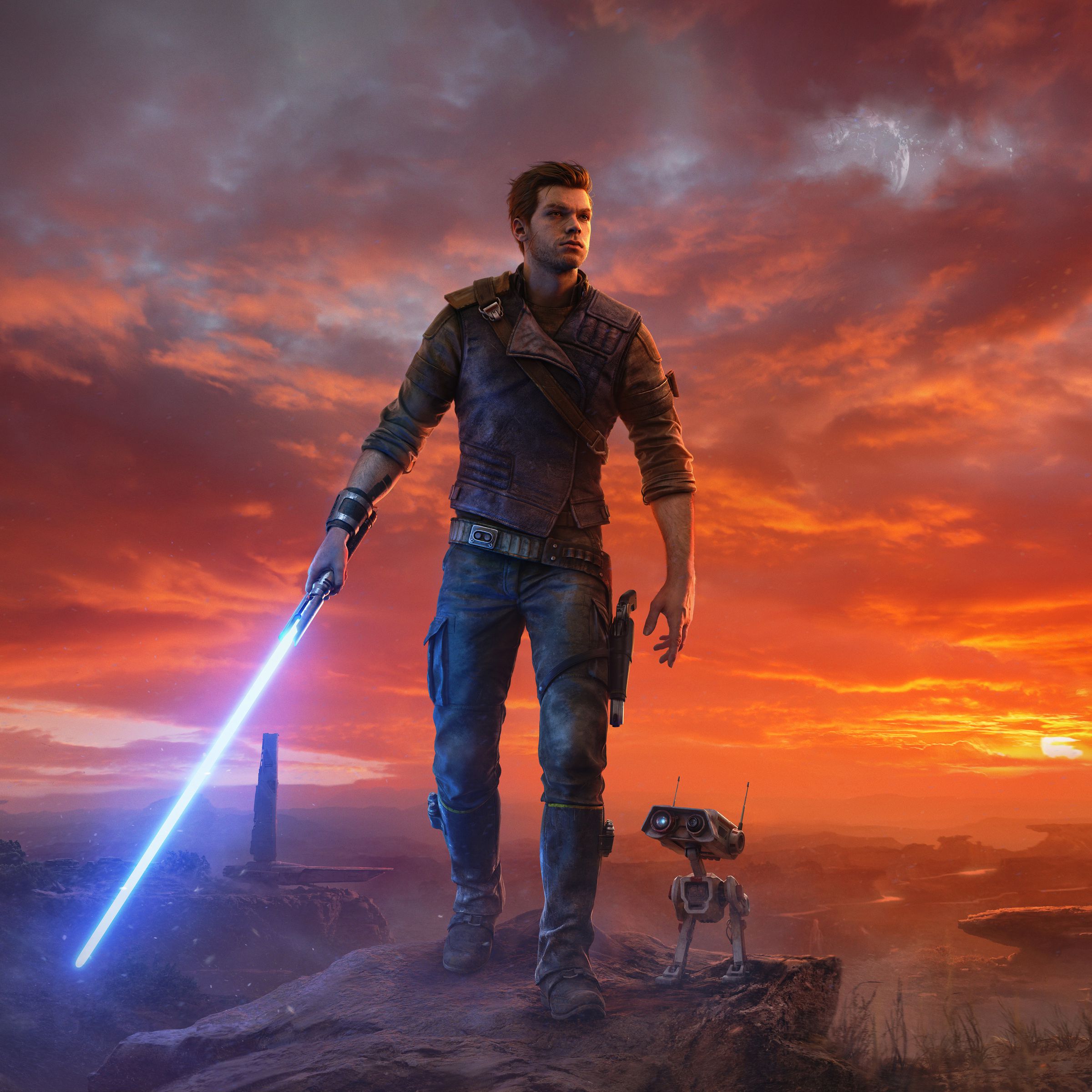 The cover art for Star Wars Jedi: Survivor, showing main character Cal Kestis and his droid, BD-1, in front of a desolate backdrop.