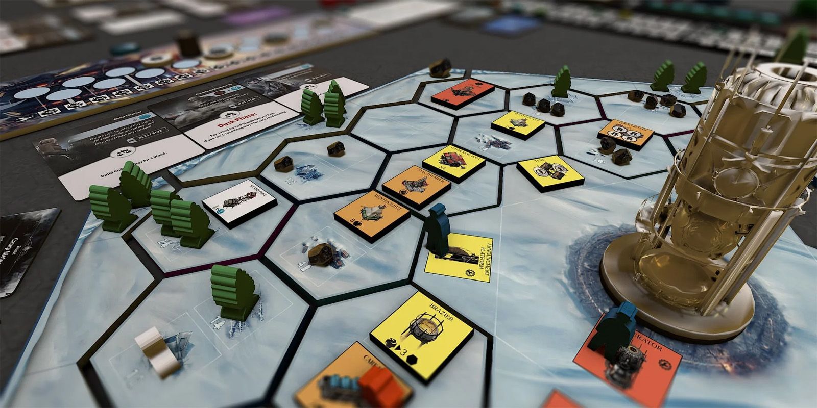 Frostpunk board game close-up showing a tile-based system in play.