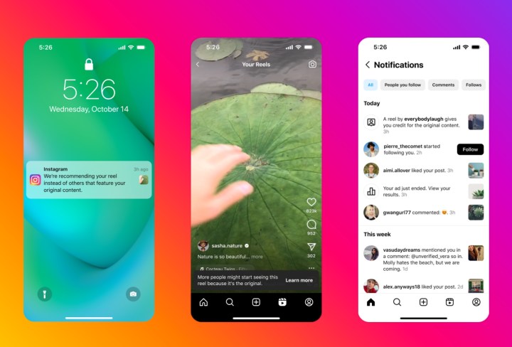 Notifications related to Instagram's new algorithm to surface content linked to smaller accounts.