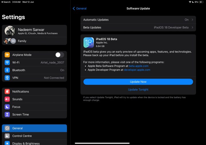 iPadOS 18 update alert.