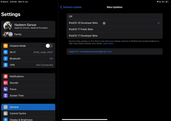 Selecting update channel on iPadOS.