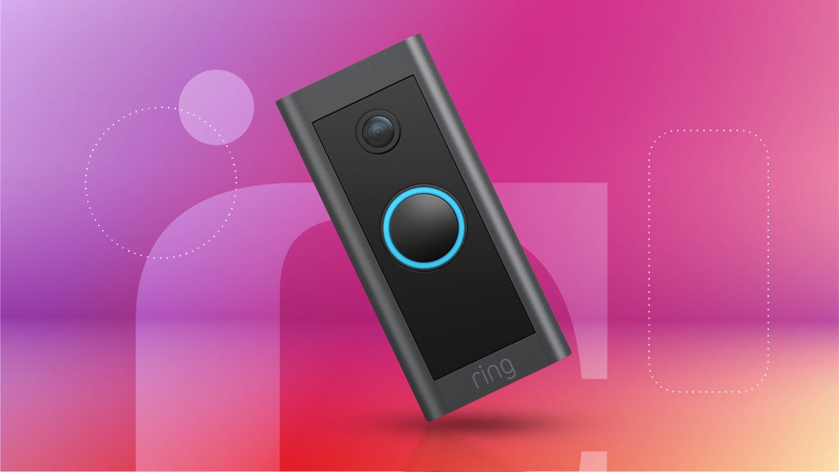 Ring Video Doorbell Wired on a gradient fusia background