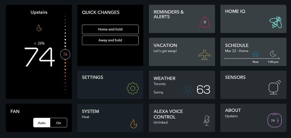 Ecobee's app options, including setting a vacation mode.