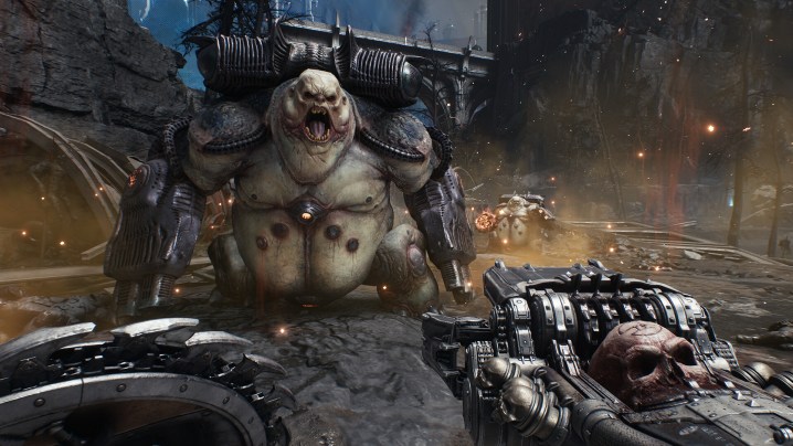 Doomslayer fighting a fat demon