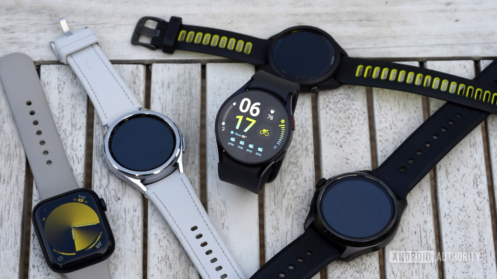 Samsung Galaxy Watch 6 review Vs competition A Samsung Galaxy Watch 6 rests among competitors from the wearables market.