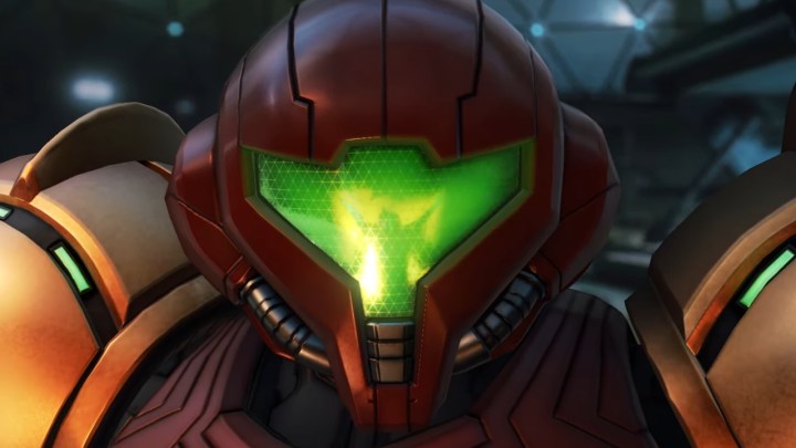 Profile shot of Samus in the first Metroid Prime 4 Beyond trailer.