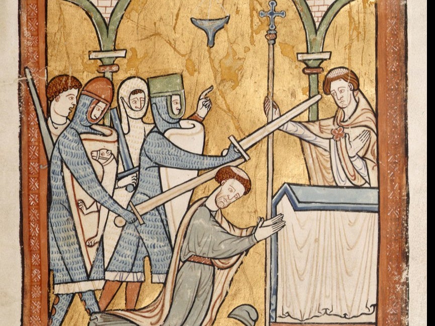 Canterbury was a major pilgrimage centre in medieval times - because one of its archbishops, Thomas Becket, had been murdered at the altar by assassins encouraged by King Henry II. This 13th century image depicts the event. Becket was made a saint by the papacy shortly after his murder