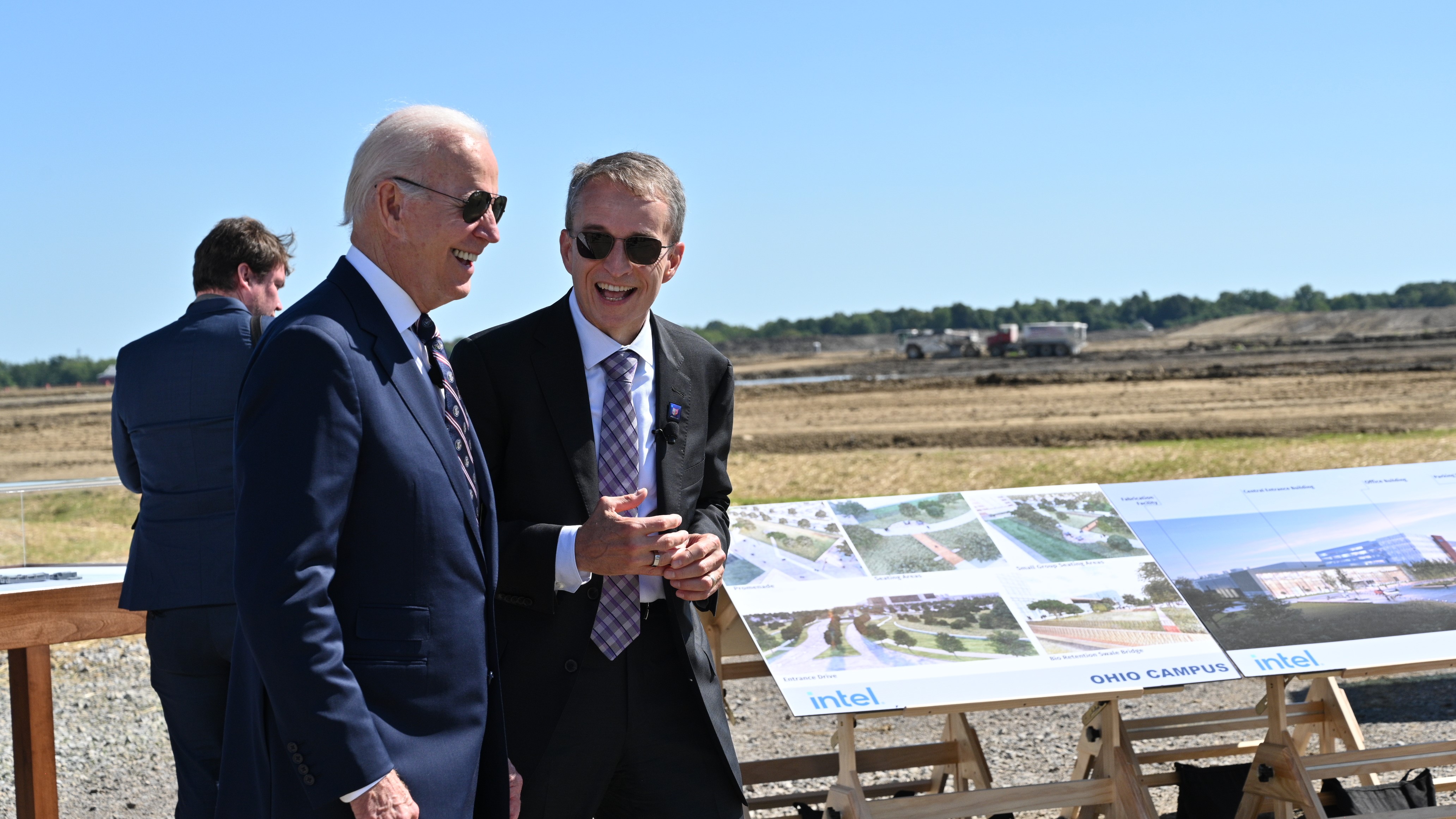 Intel CEO Pat Gelsinger walking with President Joe Biden on a construction site