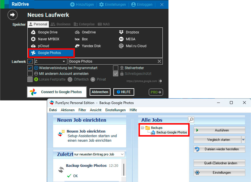 Die Kombination der beiden Tools Raidrive (oben) und Puresync (unten) sichert die Fotos vom Smartphone über die Google-Cloud automatisch auf der Computerfestplatte.