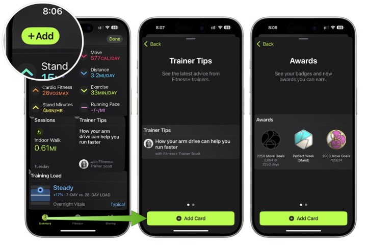 Screenshots showing how to make changes to the Summary page in the Apple Fitness app in iOS 18.