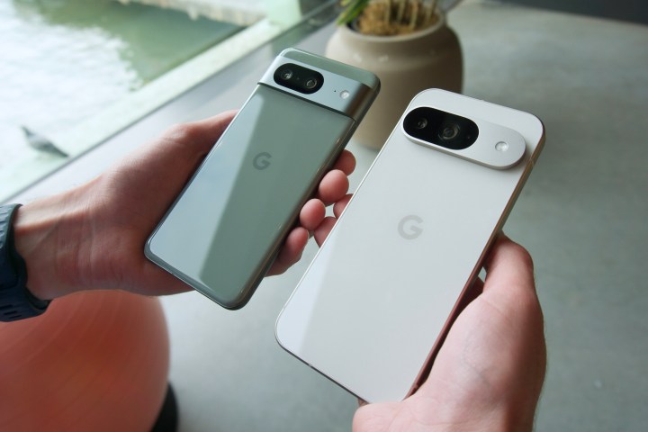 The Google Pixel 8 next to the Google Pixel 9.