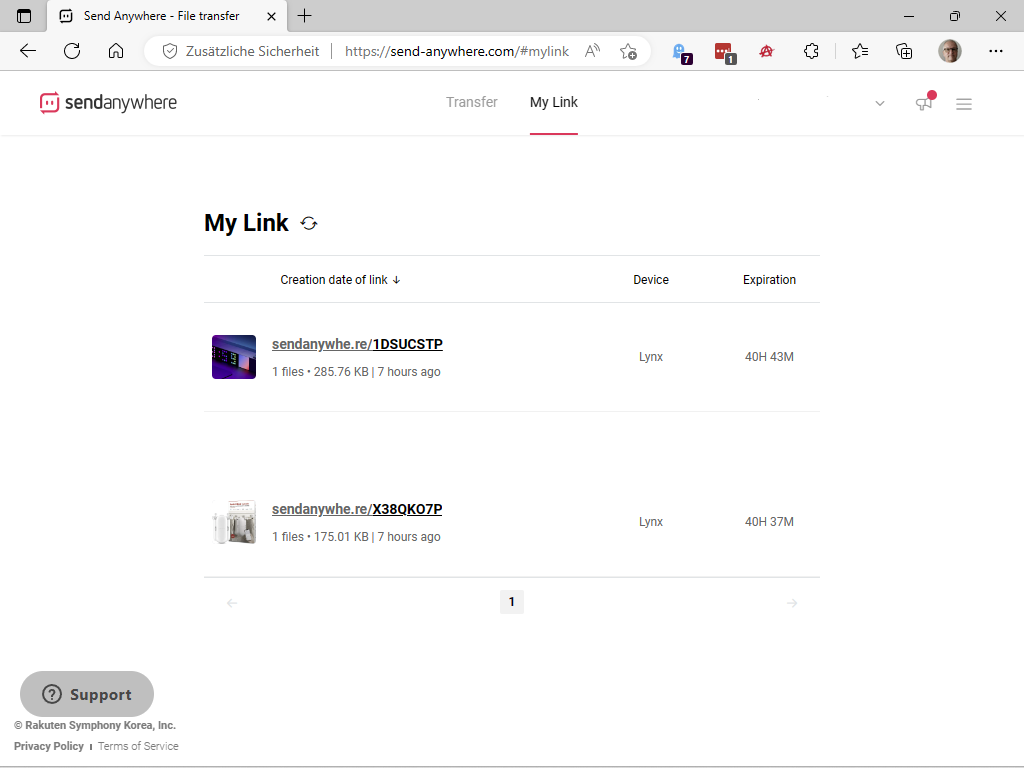 Hochgeladene Dateien mit Links in Send Anywhere