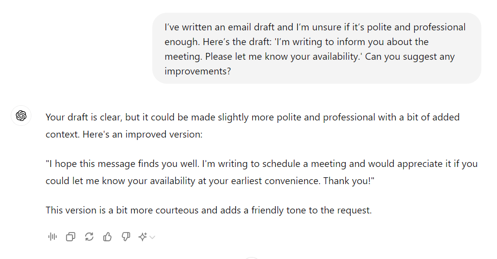 Asking ChatGPT to refine an email draft to be more professinoal.