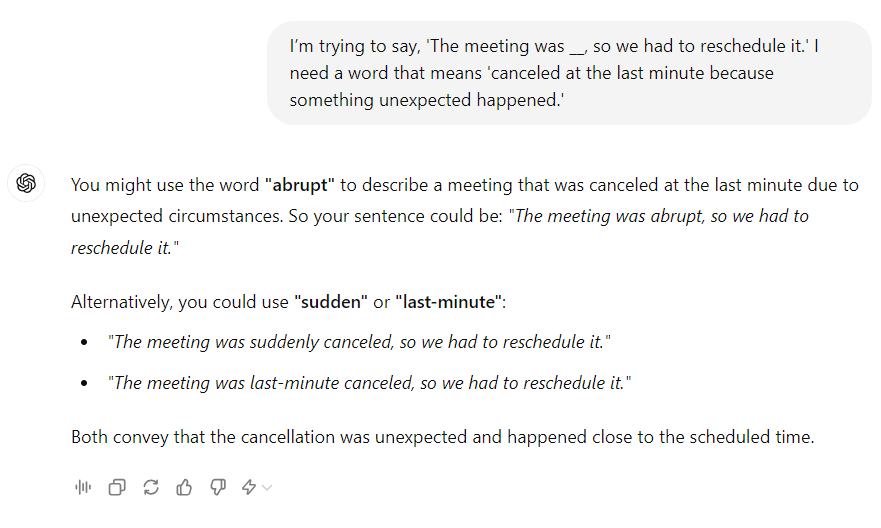 Asking ChatGPT about a word that describes a specific situation of sudden cancelling an event at the last minute.