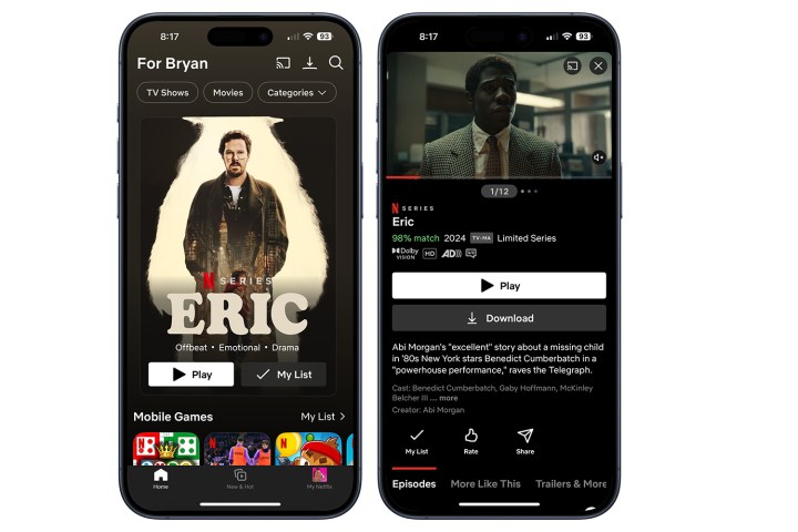 Screenshots showing how to download Netflix content on a smartphone.