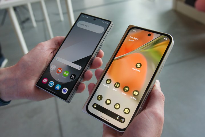 The Google Pixel 9 Pro Fold next to the Samsung Galaxy Z Fold 6.