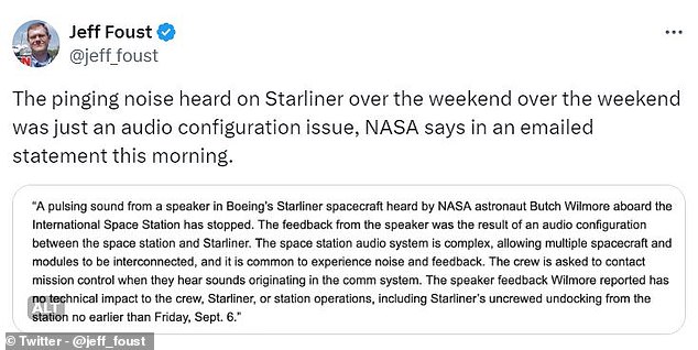 In an emailed statement, NASA said that the sound heard on Saturday was caused by 'an audio configuration between the space station and Starliner', adding that it has caused no further technical impact