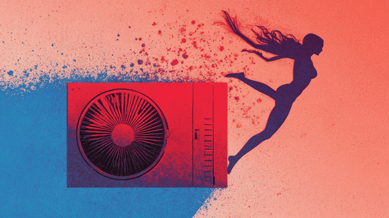 Abstract gradient artwork blue and red tones, dark silhouette of woman with long hair leaping in profile off a GPU fan