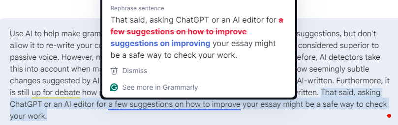 Screenshot of an AI sentence suggestion