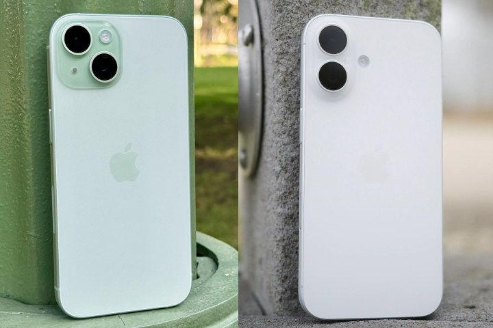 Composite shot of a green iPhone 15 beside a white iPhone 16 both leaning against posts.