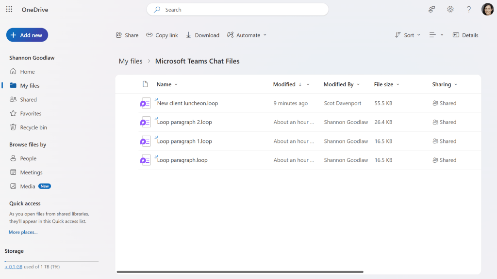 a list of loop components in onedrive