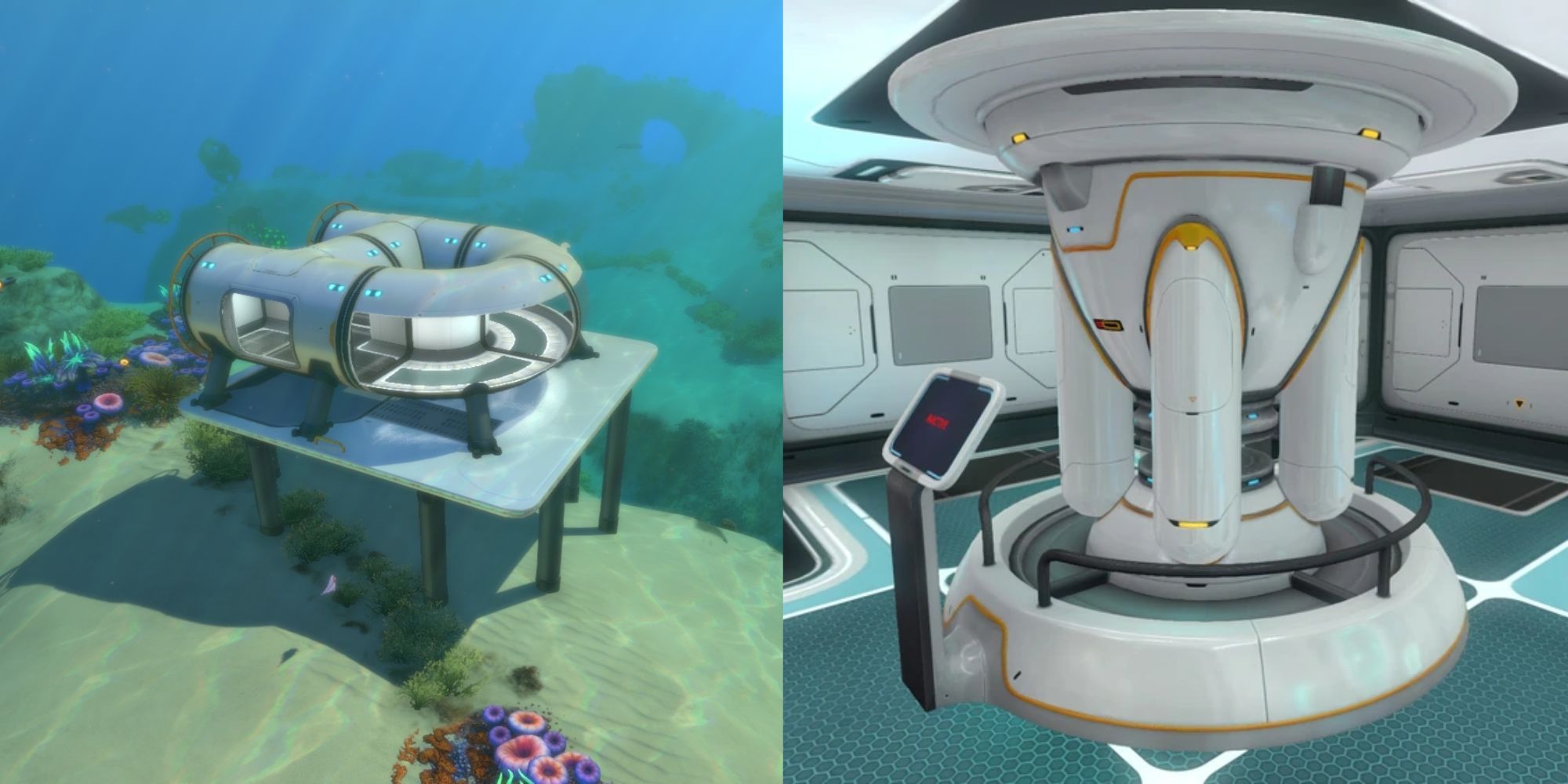 A picture showing a base and the inside of a nuclear reactor in Subnautica