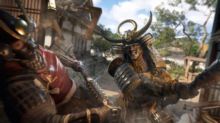 Yasuke in Assassin's Creed Shadows fighting an enemy. He's dressed in his samurai armor.