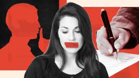 Montage of images of a woman with a red gag over her mouth, the silhouetted profile of a man with his finger to his lips behind her and a hand signing a document