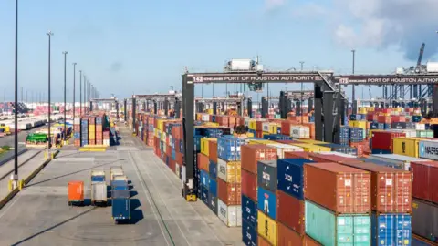 Getty Images Shipping containers stacked high at the Port of Houston Authority on September 20, 2024 in Harris County, Texas.