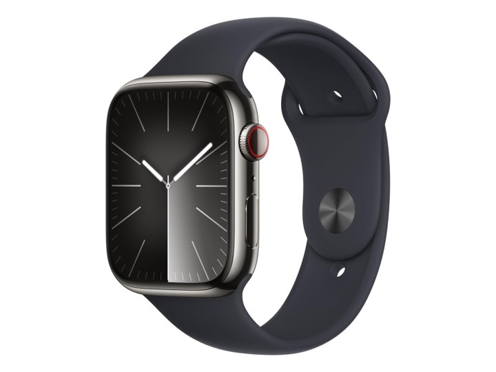 The Apple Watch Series 9 [GPS + Cellular 45mm] with stainless steel case against a white background.